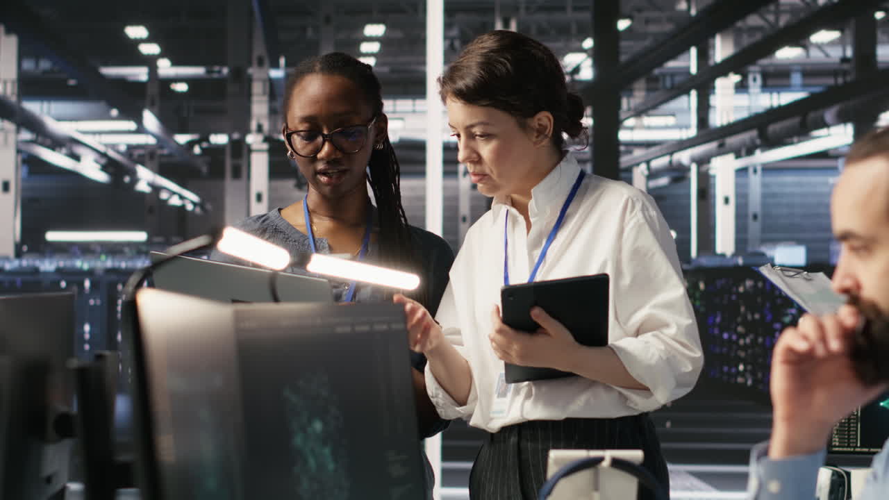 Vertical video Software developers working together in server farm, reviewing AI code