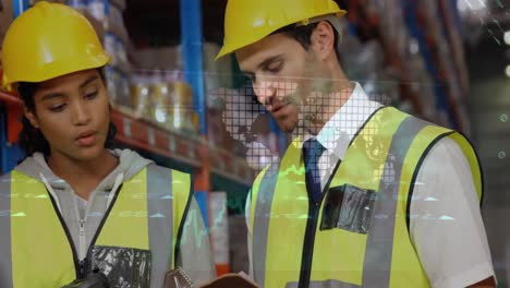 Stock-market-data-processing-over-caucasian-male-and-female-supervisors-discussing-at-warehouse