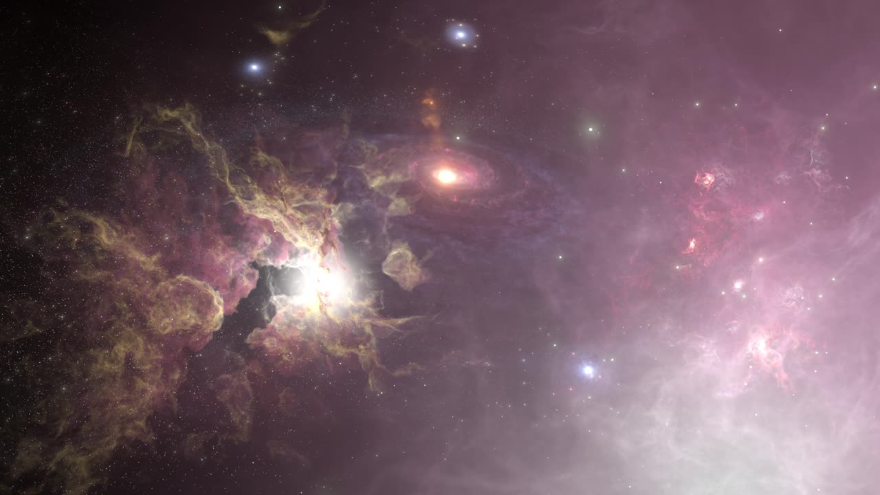 깊은 우주에 있는 나선형 은하와 성운