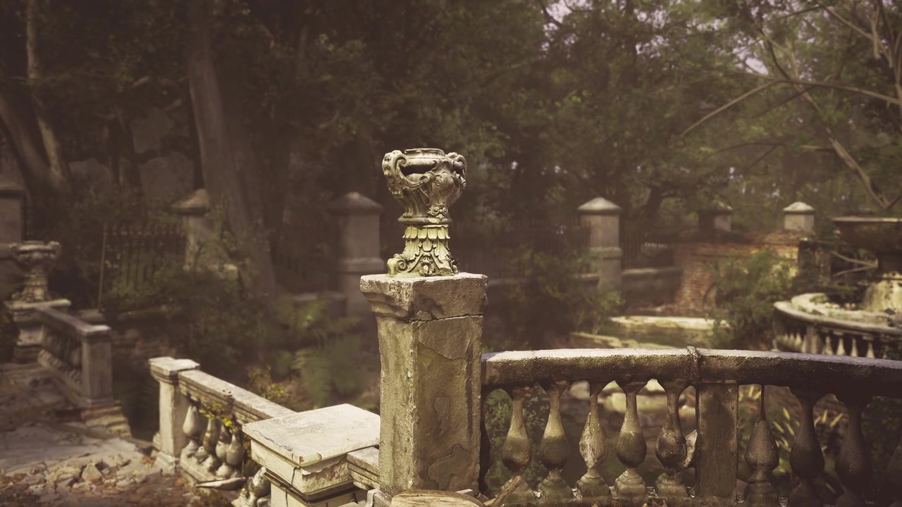 Suggestiva scena di cimitero con strutture fatiscenti e un'atmosfera nebbiosa.