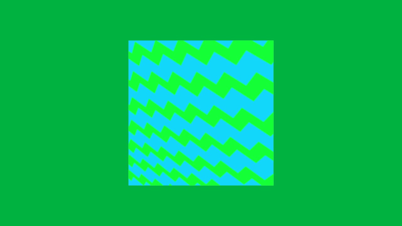 Animation of bright green and blue zigzag lines moving across a square on white background