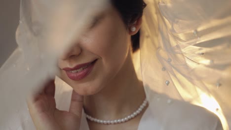 beautiful bride with veil in wedding dress