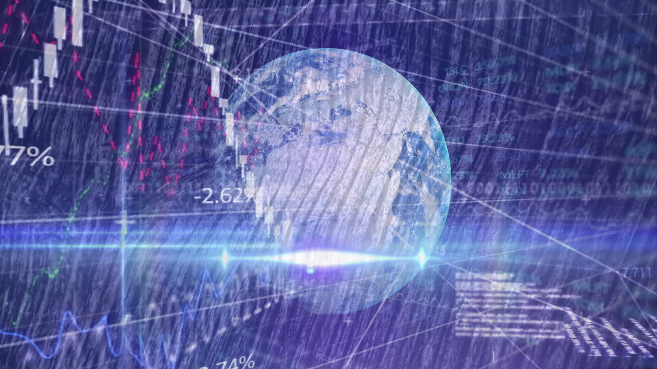 Financial graphs and data processing animation surrounding globe in digital concept