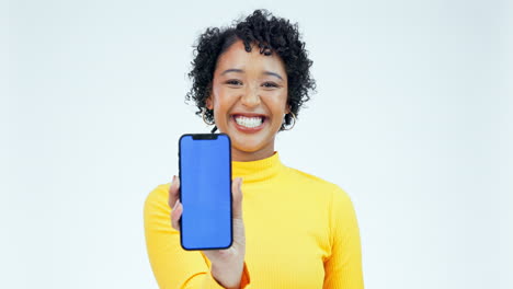 Face,-woman-and-mockup-of-phone-screen-in-studio