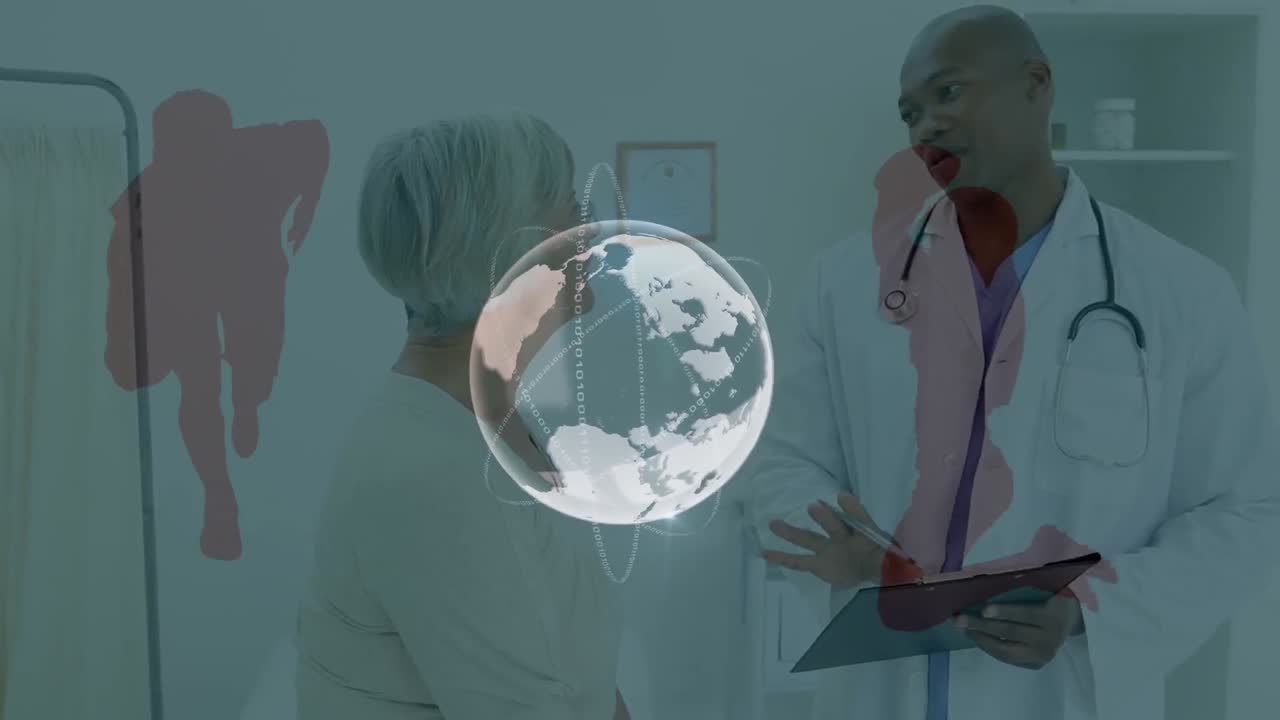 Animação de globo terrestre sobre médico afro-americano discutindo com paciente caucasiana.
