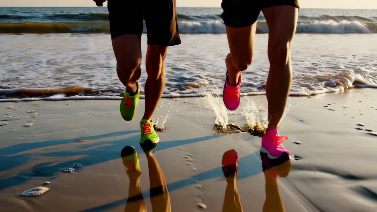 Two people running along the beach at sunrise or sunset, splashing water with their steps