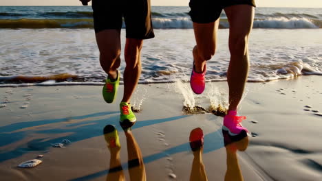 two people running along the beach at sunrise or sunset, splashing water with their steps