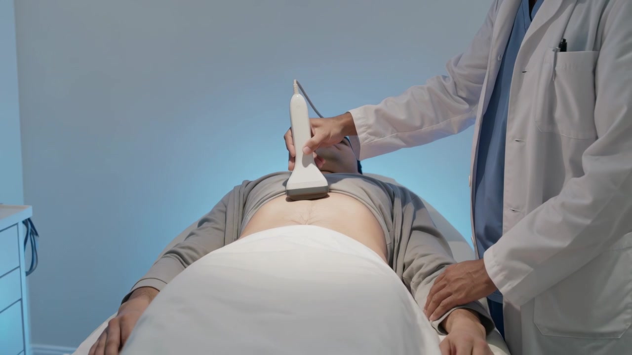 Clinico in camice da laboratorio al tavolo d'esame che fa scorrere la sonda lungo la linea mediana, regolando l'angolazione e diagnosticando