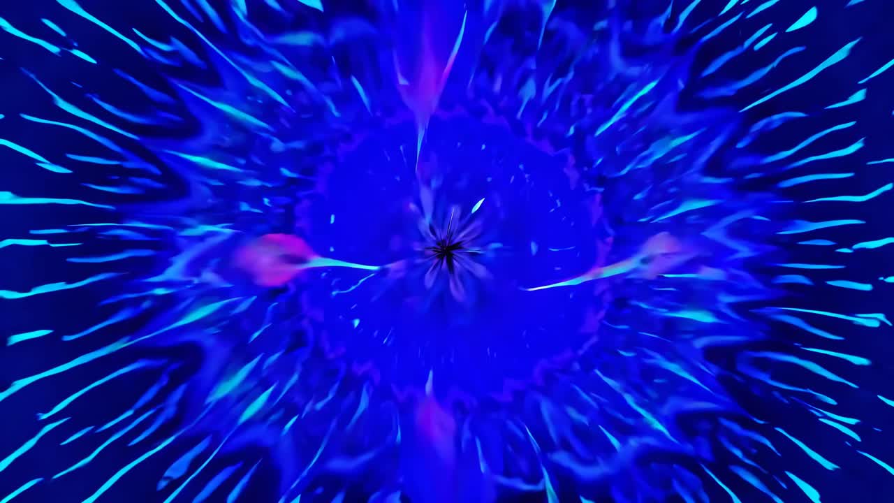 Abstract video art with a kaleidoscopic design in vibrant blues, greens, and purples