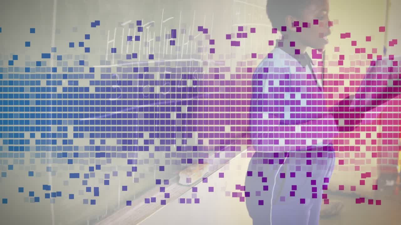 Student picking chalk, solving math on board, stepping back crossing arms, pixel overlay drifting