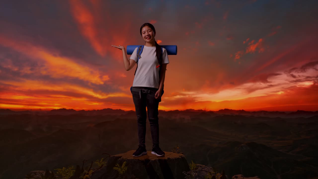 Woman hiker on a mountain top at sunset