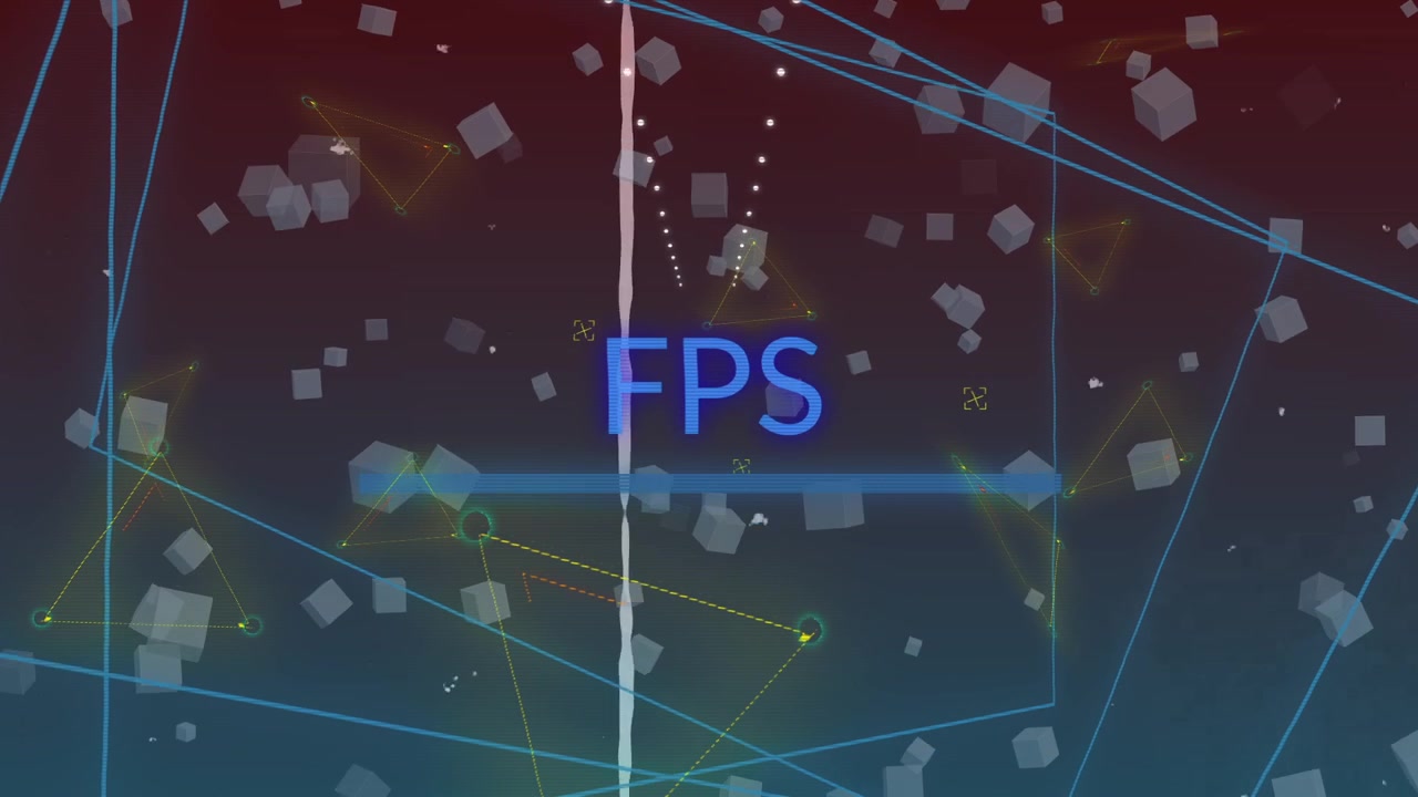 Linea tratteggiata bianca che appare causando la deriva di cubi attraverso la griglia mentre una barra ciano scorre, ridimensionamento FPS