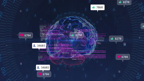 animation of social media icons and data processing over human brain icon on blue background