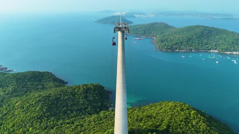 drone view of the world's longest three-rope cable car in the world during the day in sunset town, phu quoc island, vietnam