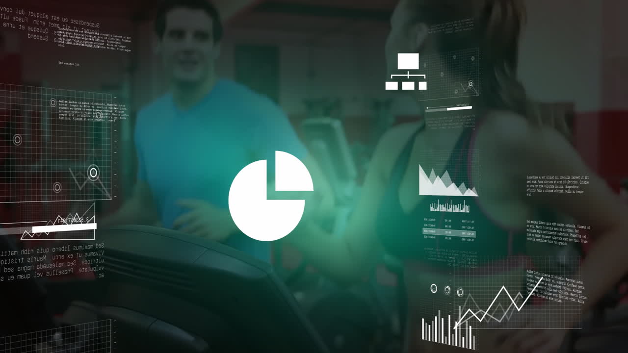 Woman and man running on treadmills in fitness gym, showing animated pie chart bar line graphs
