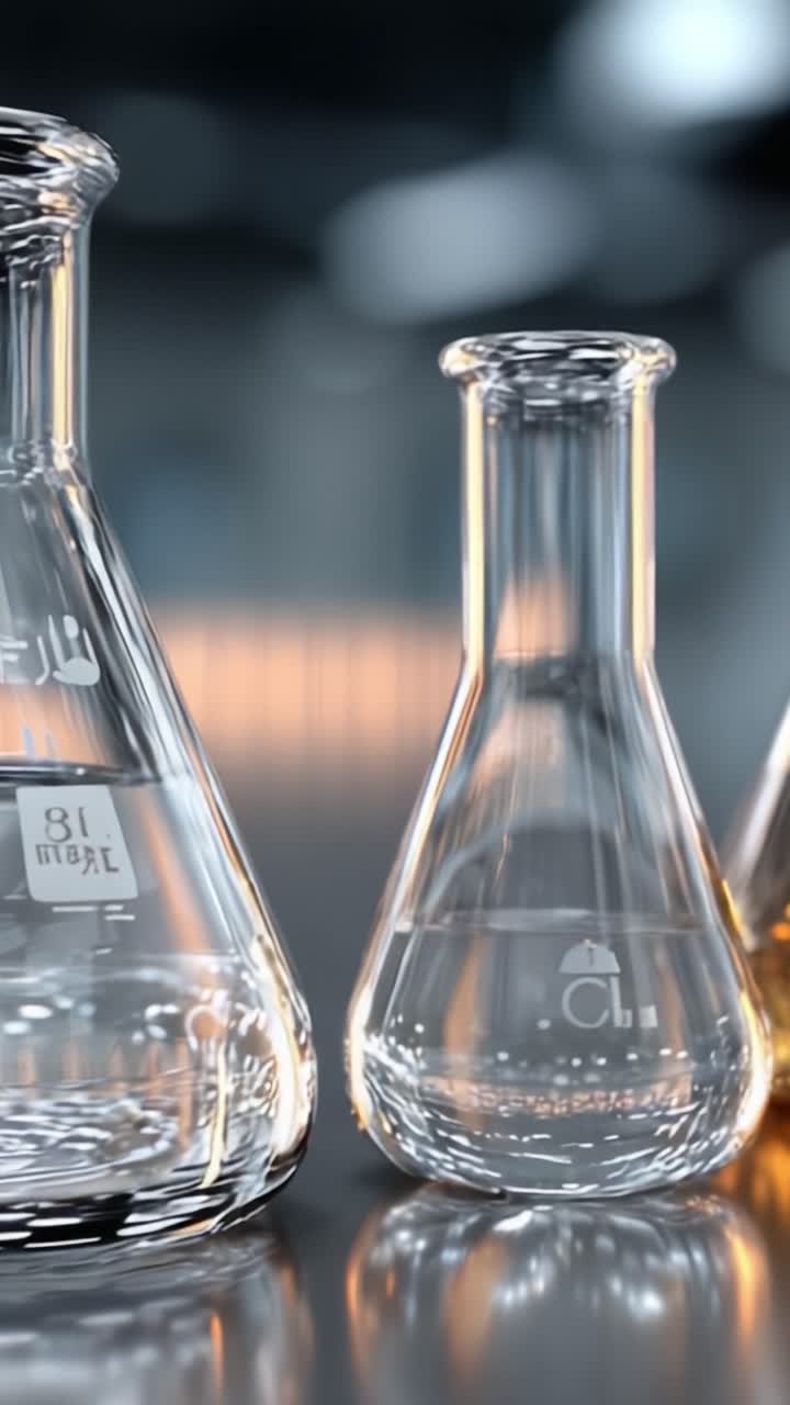 Un primo piano di vetreria da laboratorio che mostra varie forme di fiasche e contenuti liquidi trasparenti in un moderno ambiente scientifico.