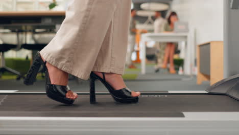 feet, walking and treadmill with a business woman