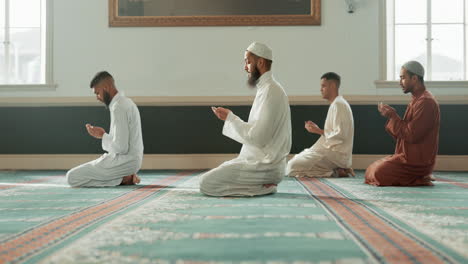 muslim, religion and people praying in mosque