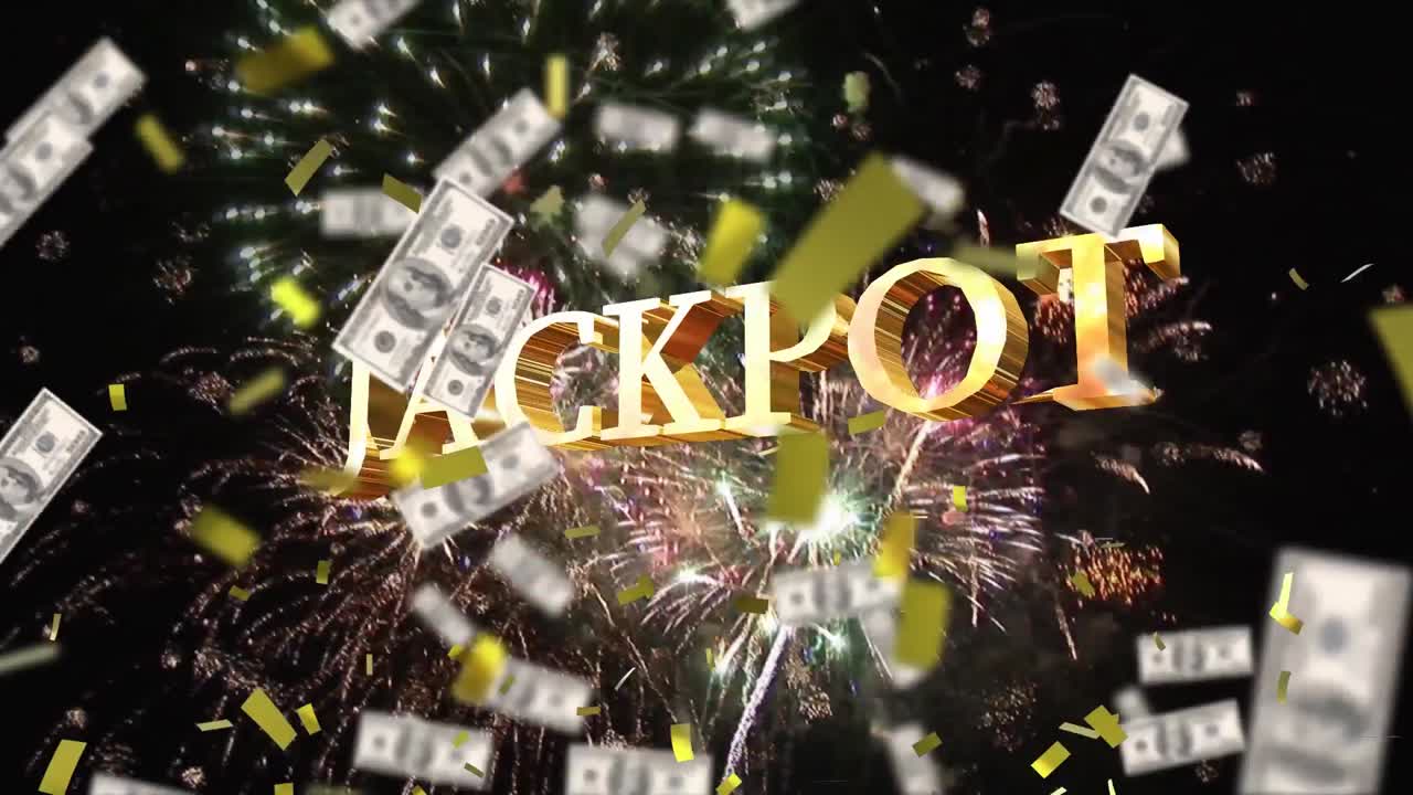 Animation of confetti and american dollar bills falling over jackpot text and fireworks