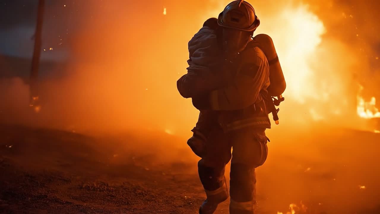 firefighter carrying child through fire emergency rescue