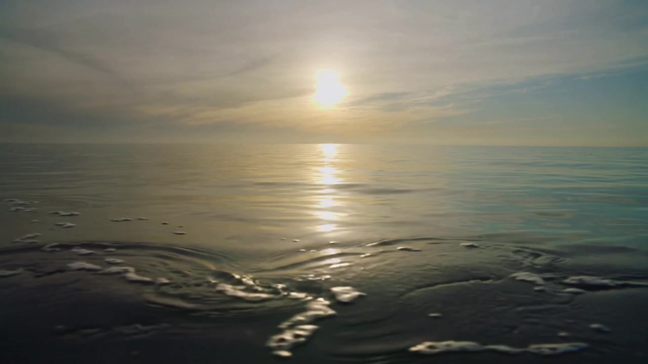 Correnti superficiali in movimento che spingono schiuma illuminata dal sole attraverso il mare aperto a livello del mare, con riflesso del sole.