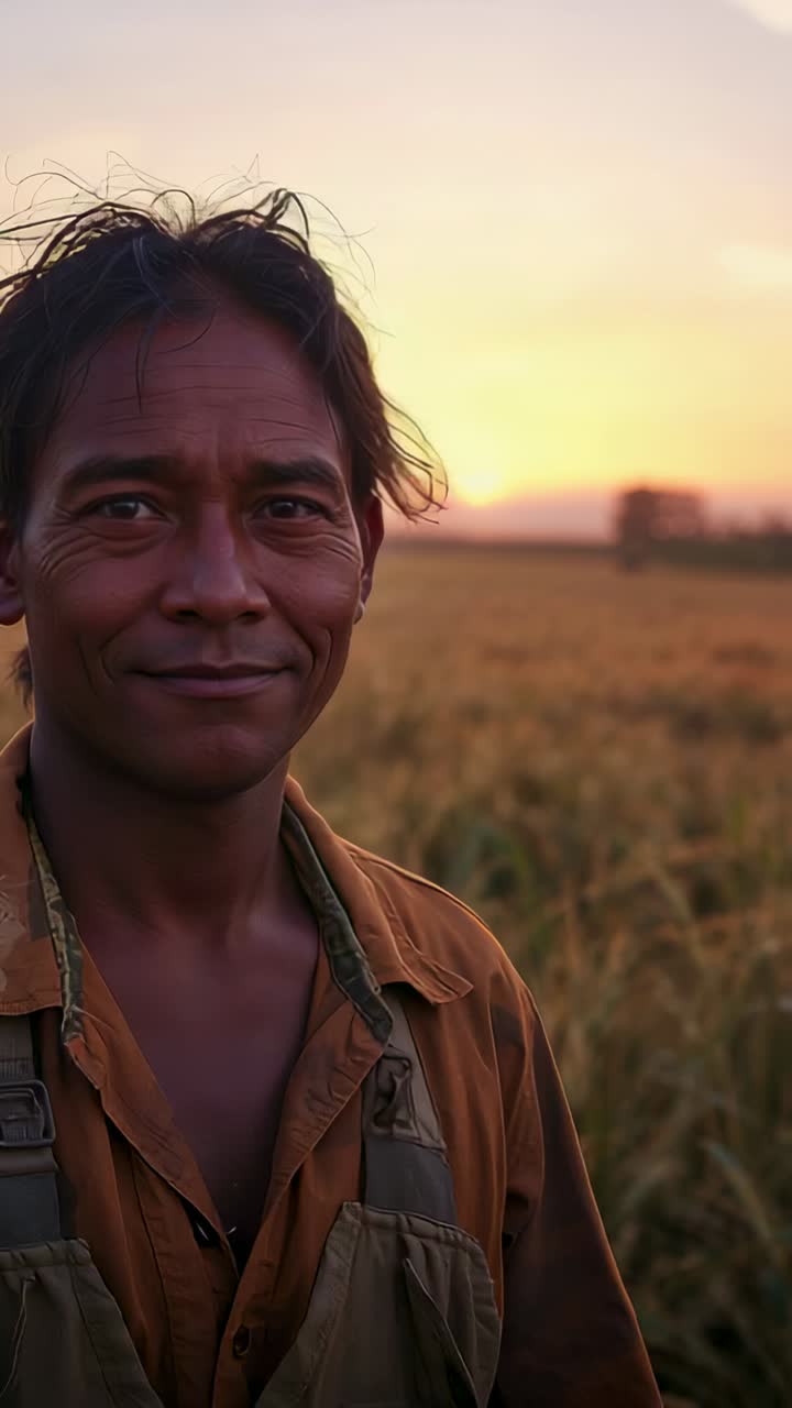 Vertical video: Standing farmer in grain field at sunset in overalls, camera shifting, pausing work