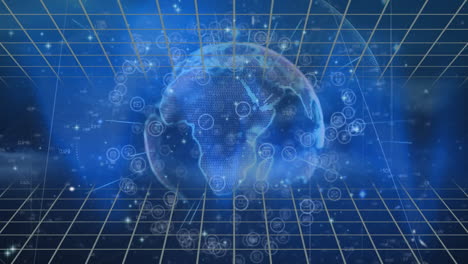 animating digital globe with network connections and data points over grid background