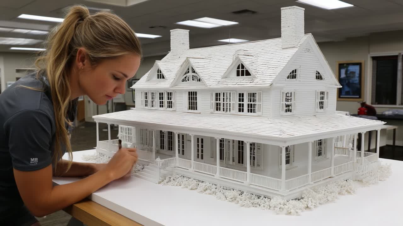 An Inspirational Scene of a Young Artist Skillfully Crafting a Detailed House Model with Precision in a Brightly Lit Studio Environment