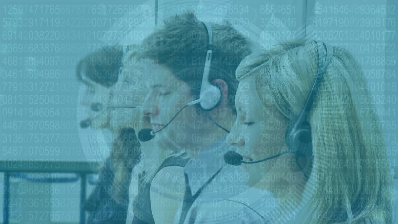 Animated multi-ethnic call center workers with tech in a data-driven office.