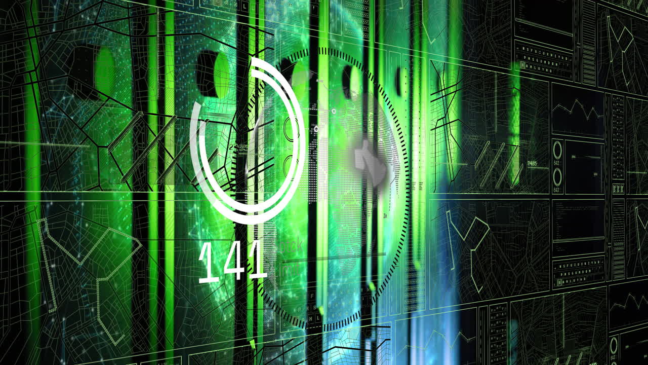 Animation of digital interface with green patterns and numerical data processing