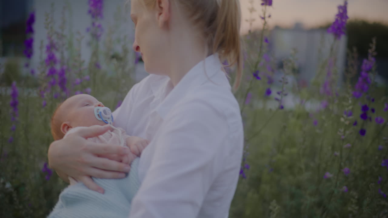 Mother Holding Newborn Near Blooming Flowers