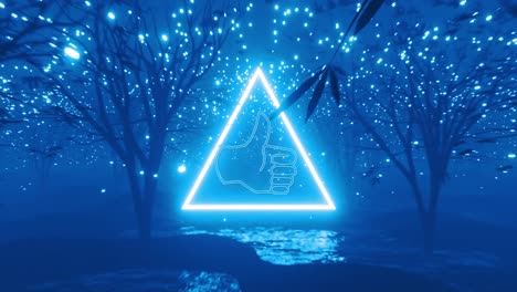 animation of thumb up like symbol and blue neon triangle over blue trees and lights