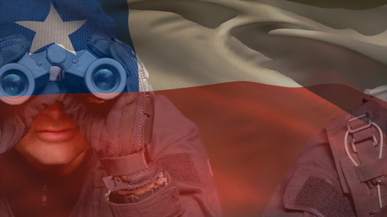Animation af Chiles flag over forskellige mandlige soldater med våben og kikkerter.
