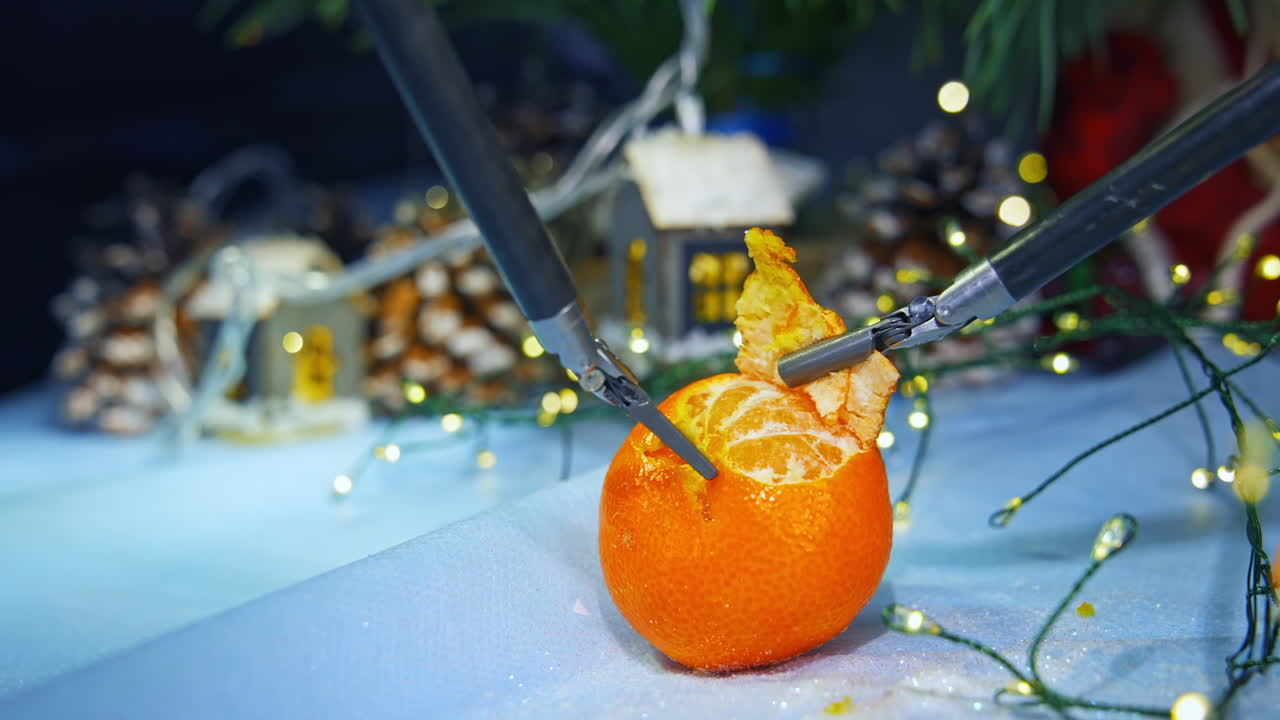 Sophisticated robotic forceps peel off the tangerine. Robotic arms tear off the pieces of mandarin skin. Christmas lights and decorations at the backdrop.