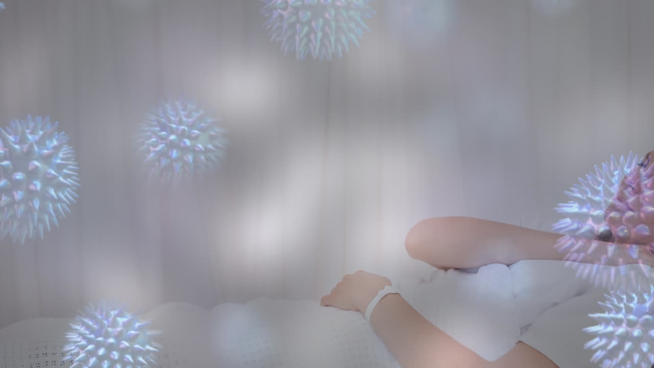 병에 걸린 백인 여성 위에 바이러스 세포의 애니메이션