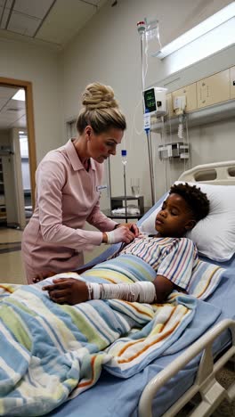 a woman is tending to a child in a hospital bed