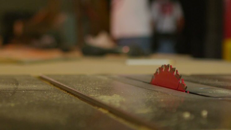 Close up of a saw in a woodworking shop