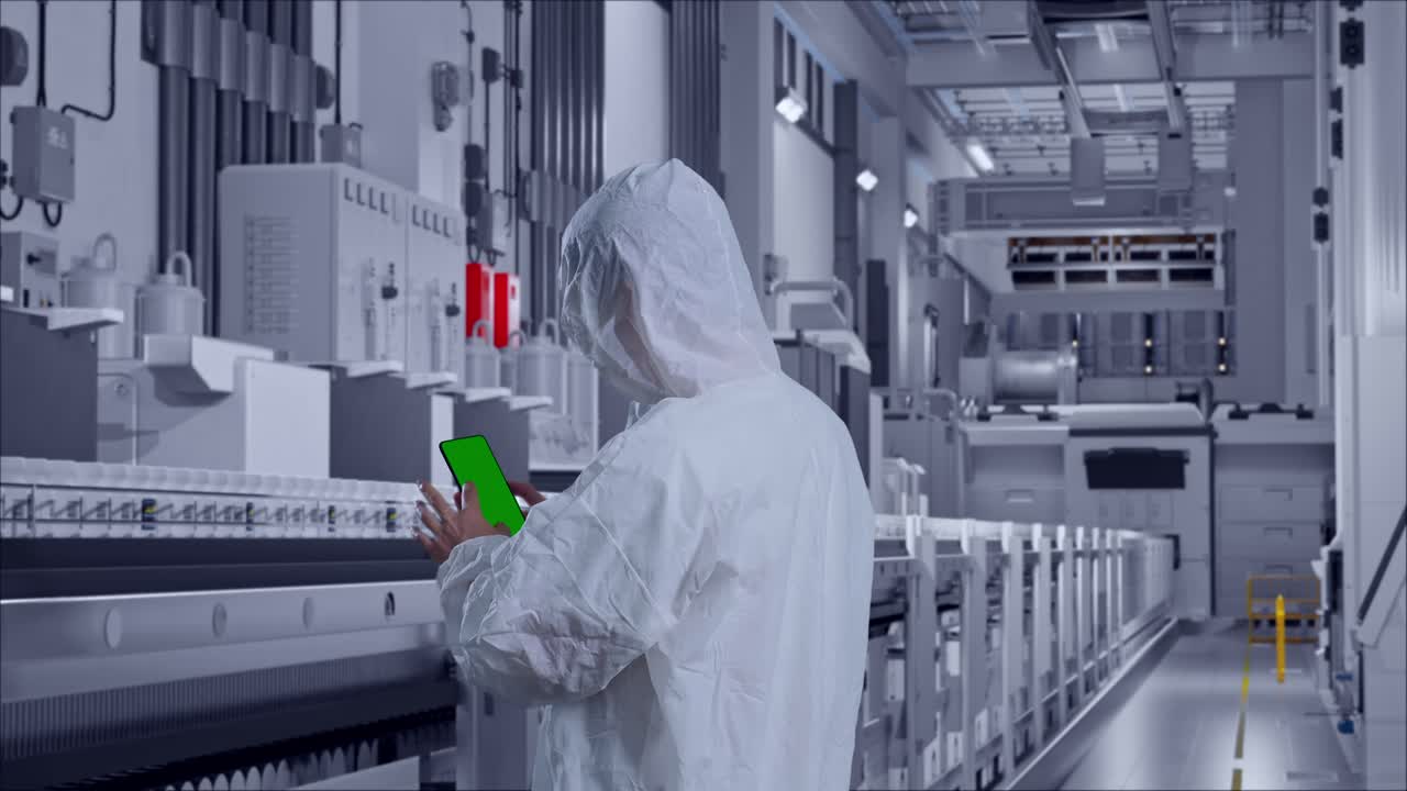 Back View Of Asian Male Scientist Use Mock Up Green Screen Smartphone While Standing At Pharmaceutical Factory, Vaccine Production Facility