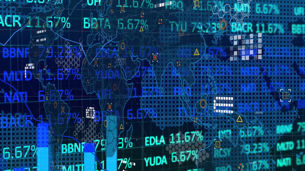 Animation of financial data processing and statistics with world map on black background
