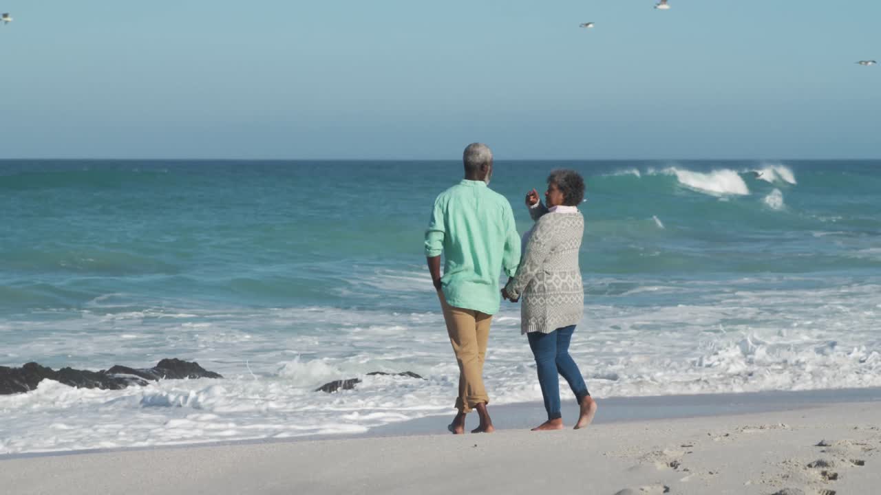 해변을 가로질러  ⁇ 고 있는 고위 부부
