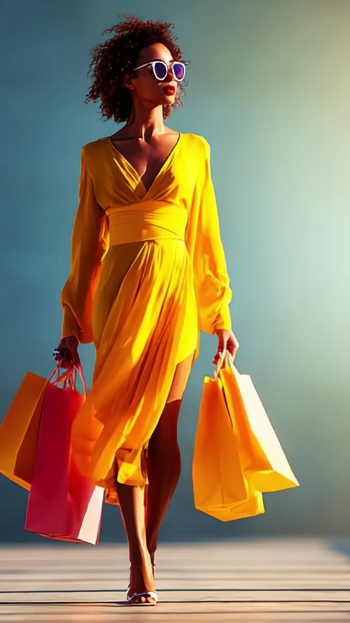 A Stylish Woman in a Vibrant Yellow Dress Struts Confidently with Colorful Shopping Bags, Highlighting Fashion and Elegance Against a Soft Background