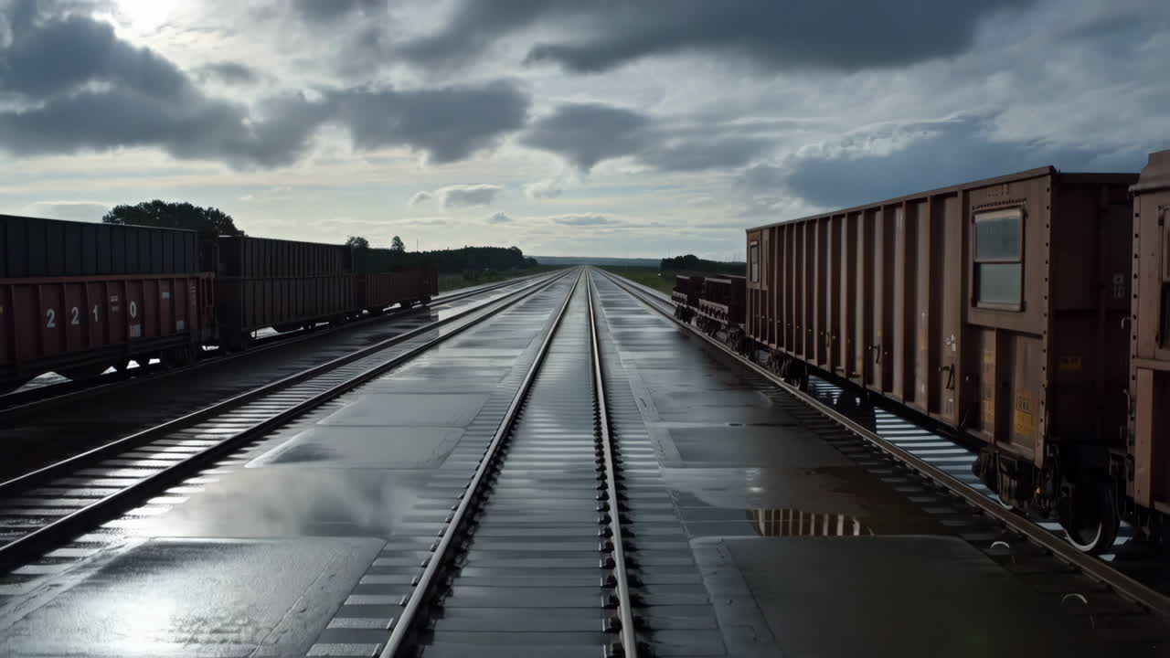 Railway with Freight Cars Under Cloudy Sky