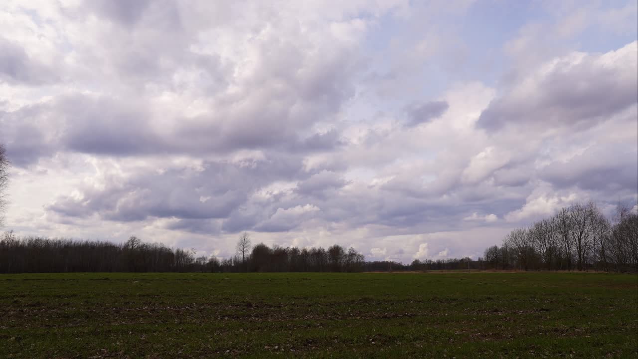 nube densa en movimiento rápido sobre el campo de cultivo del campo letón
