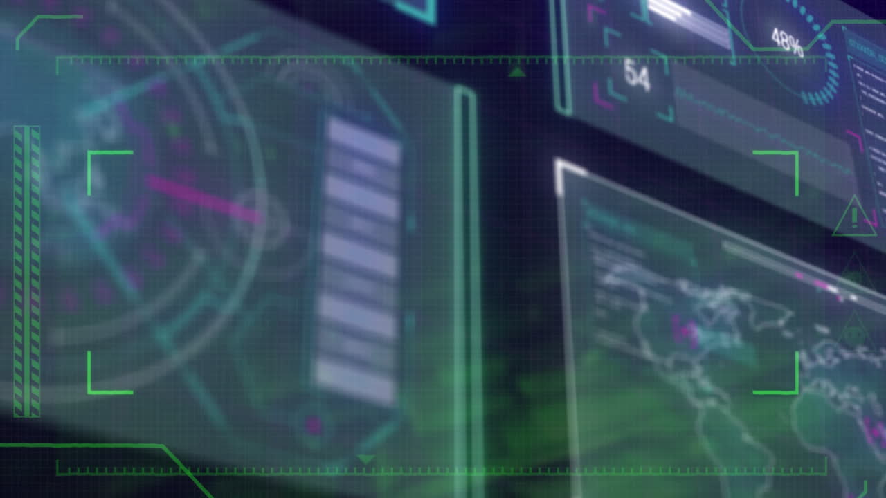 animación del escaneo de alcance sobre la interfaz con procesamiento de datos contra fondo verde.