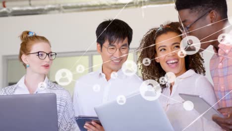 animation of network of connections over diverse business people in office