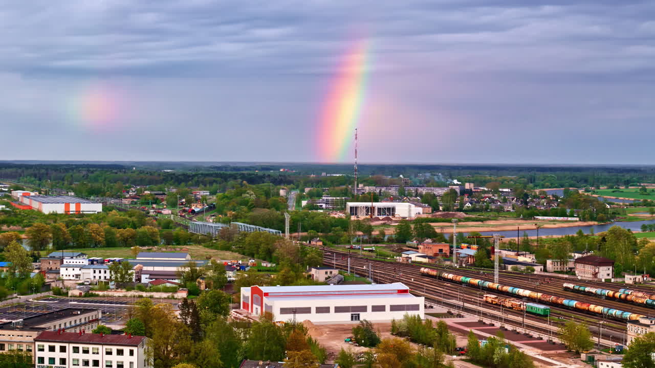 Fast-moving clouds shadow fields and solar farms in countryside aerial timelapse