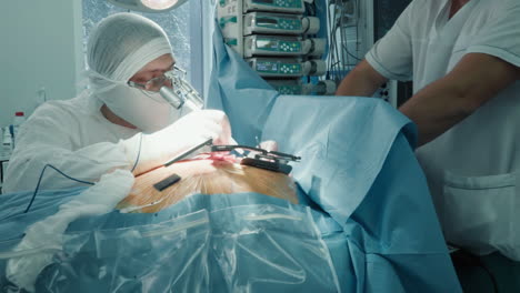 cardiologist operates patient heart in clinic. surgeon doing complicated actions in patient chest while anesthesiologist controls life indicators