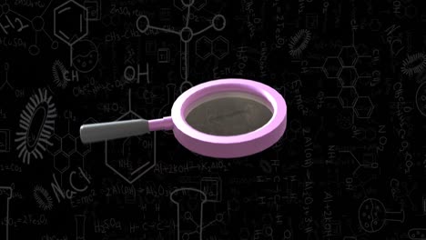 Animation-of-magnifying-glass,-mathematical-equations-and-dna-strand-diagrams-over-black-background