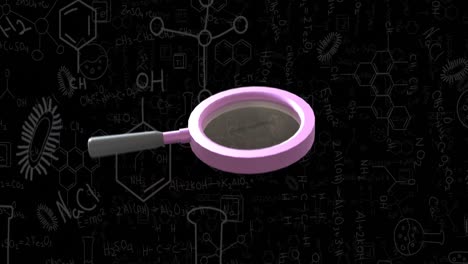 Animation-Von-Lupe,-Mathematischen-Gleichungen-Und-DNA-Strangdiagrammen-Auf-Schwarzem-Hintergrund