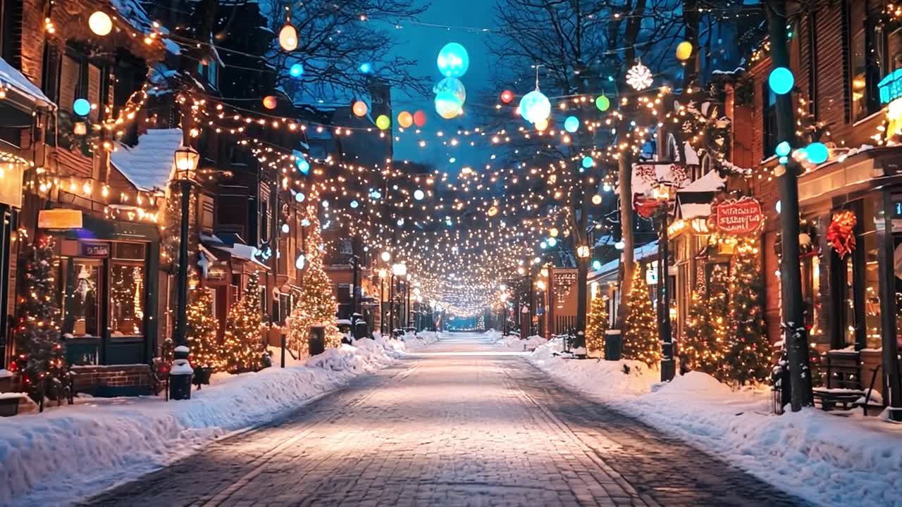 Festive Winter Street Scene with Christmas Lights